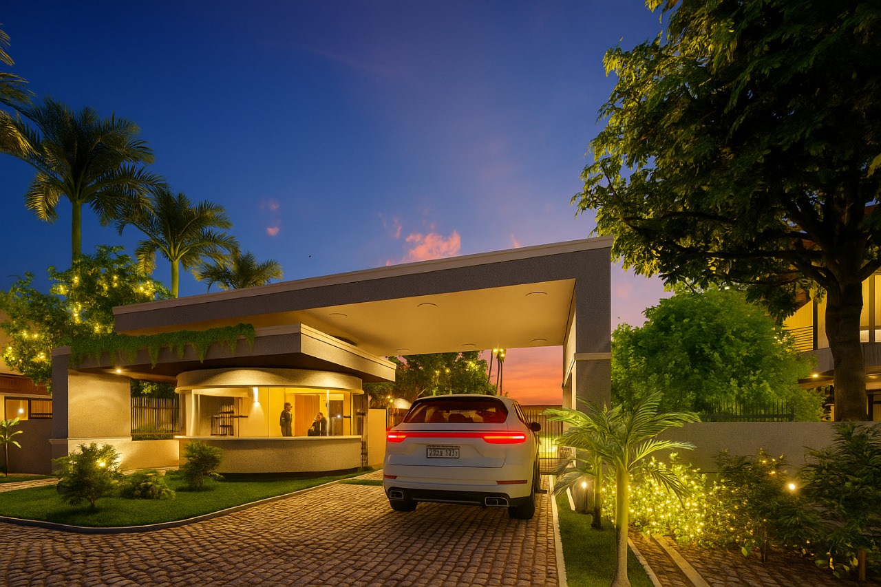 Gated community entrance at sunset